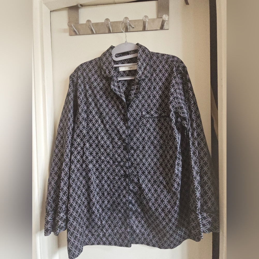 Black and White Patterned Button-Up Shirt And Pants Pajama Set